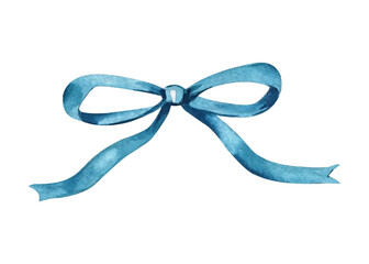 watercolor blue bow illustration, hand-painted ribbon isolated on white background, cute decorative element for design
