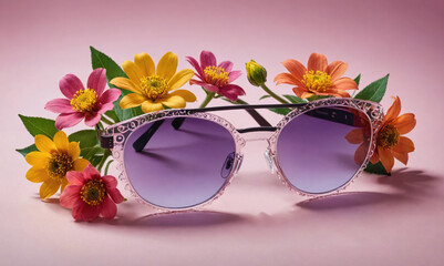 Clear sunglasses with purple lenses are surrounded by colorful flowers on a pink background