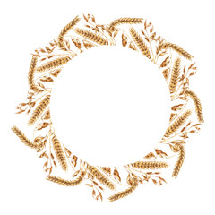Watercolor wreath, frame, template with oat branches and ears of wheat, cereal. Hand drawn watercolor illustration isolated on white background. For clip art cards label package wallpaper