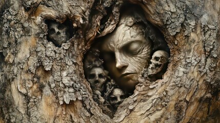 A woman's face emerges from a tree trunk, surrounded by skulls.