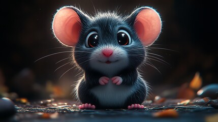 Adorable mouse character with big eyes and ears on blurred pathway