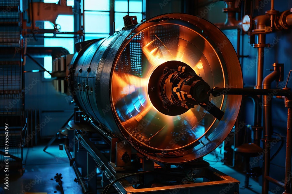 Poster industrial machine with a rotating part generating an orange light effect in a factory
