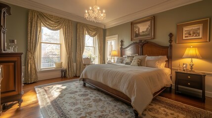 Classic Luxury Bedroom Interior with Antique Wooden Furniture, Elegant Drapes and Chandelier, Warm Lighting and Cozy Ambiance, Traditional Master Bedroom Decor, Vintage Style Design Inspiration