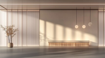 Minimalist Modern Interior with Soft Lighting and Natural Decor, Elegant Japanese-Inspired Space, Large Windows, Clean Lines, Tranquil and Spacious Atmosphere, Contemporary Zen Design