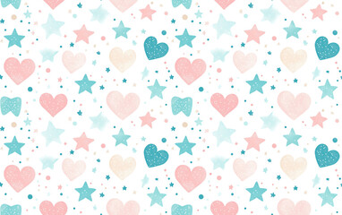 Playful pattern featuring pastel hearts, stars, and bows against a white background, perfect for children's decor or craft projects. Seamless pattern