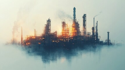 Obraz premium Industrial complex silhouetted against a sunrise, floating on a cloud.