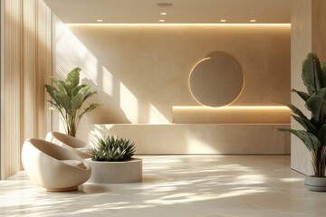 chic dentist office entrance featuring an open layout, warm neutral colors, and a succulent centerpiece for a natural vibe