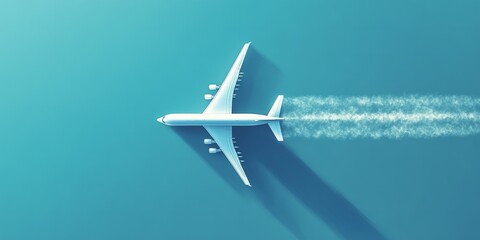 A commercial airplane flying in the blue sky, seen from a top view. Flat lay with copy space for travel and business concepts.