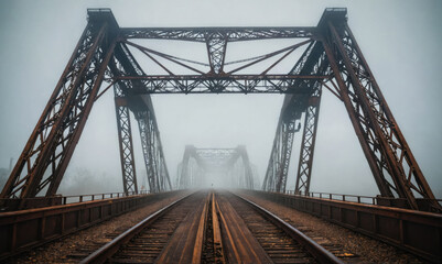 A metal bridge stands tall over a set of train tracks, shrouded in fog on a cool, misty morning