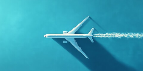 Fototapeta premium A commercial airplane flying in the blue sky, seen from a top view. Flat lay with copy space for travel and business concepts.
