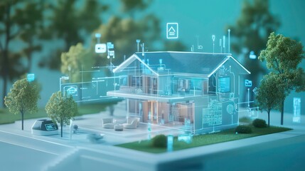 A miniature house with a futuristic overlay, depicting the concept of a smart home.