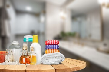 bathroom interior with cosmetics or product on desk