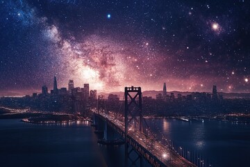 A stunning aerial view of the bustling cityscape under an enchanting night sky