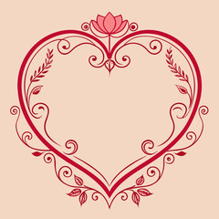 ornate floral heart frame Valentine line art vector.