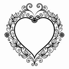 ornate floral heart frame Valentine line art vector.