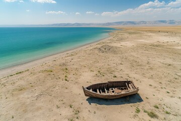 Fototapeta premium A wide-angle shot of a desolate landscape with sparse vegetation and dry, dusty ground, showcasing the extent of drought conditions. Beautiful simple AI generated image