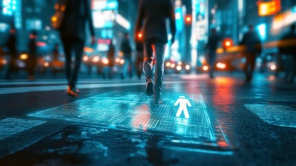 A pedestrian walks across a futuristic crosswalk in a busy city at night, with glowing lights and other people in the background.