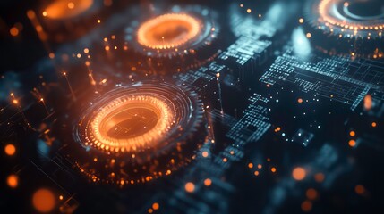 Abstract digital background with glowing orange and blue lines and circles on a dark background.