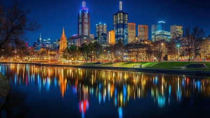 Fototapeta premium Melbourne Cityscape at Night with Reflections