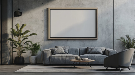 A modern living room with a grey couch and armchair, a coffee table, and a large framed picture on the wall. Natural light illuminates the space, creating a warm and inviting atmosphere