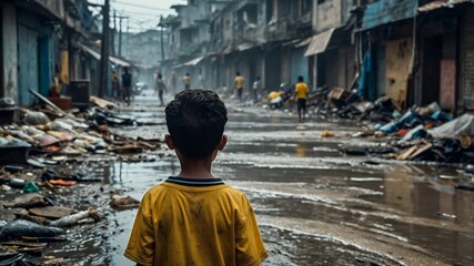 Child facing dilapidated slum street with trash and puddles, symbolizing the struggles of urban poverty and life in disadvantaged environments.