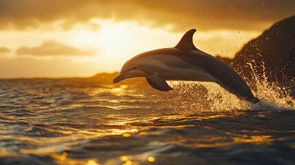 Fototapeta premium A dolphin leaps out of the water at sunset, creating a spray of water.