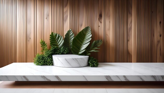  A sleek modern tabletop setup features white marble, wood paneling, and greenery, ideal for_1(641)