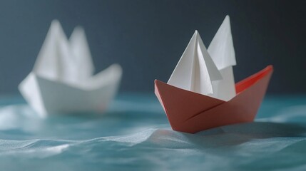 Obraz premium Two origami paper boats, one red and one white, on blue fabric representing water, a concept for journey, hope, and new beginnings.