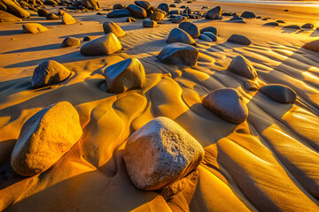 Fototapeta premium An artistic view of coastal rocks scattered across sandy terrain, illuminated by warm golden sunlight, creating intriguing textures and shadows.