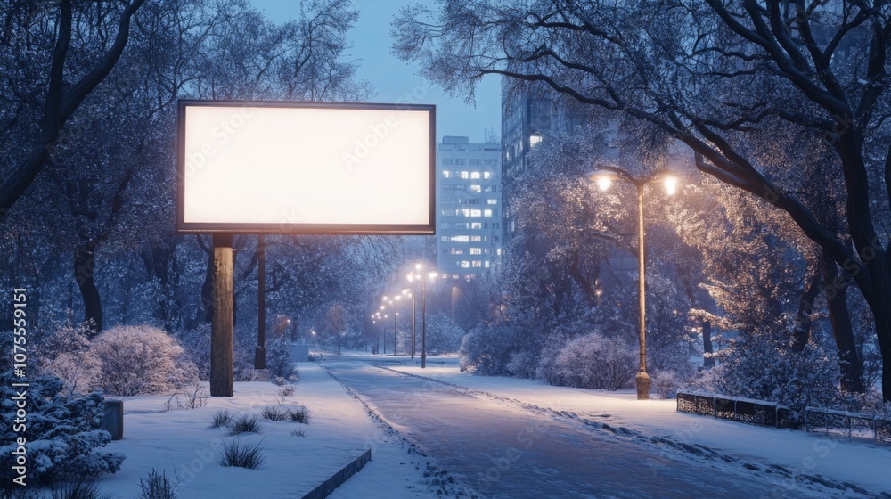 Aufkleber a serene winter evening in a park is highlighted by a blank billboard surrounded by snow-covered tre