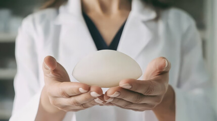 Female surgeon in white coat, holding breast implant. Concept of breast correction in women.