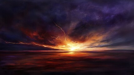 Fototapeta premium Dramatic Sunset Over Calm Ocean with Lightning Effects
