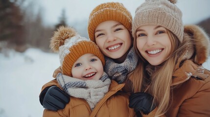 Fototapeta premium Happy family of three in winter clothes smiling together in snowy landscape.