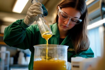 Young female scientist conducting an experiment in a laboratory during the day. Generative AI