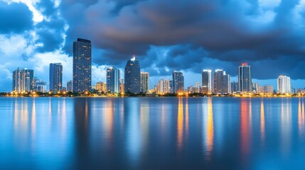 Fototapeta premium City Skyline Reflection at Dusk with Dramatic Clouds