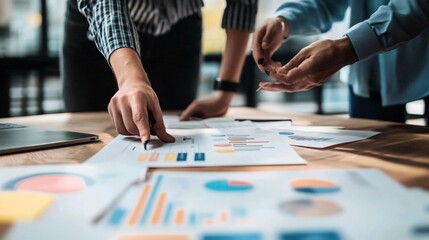 Two business partners from different backgrounds are discussing a project in a modern office. They're reviewing documents, sharing ideas, and working together to plan their next big project.