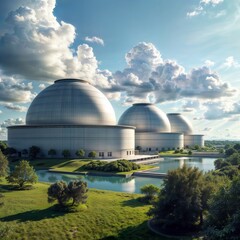 Nuclear Domes. Three large, white, dome-shaped structures surrounded by a moat and greenery under a blue sky with white clouds.