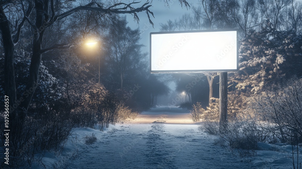 Poster A serene winter pathway is lined with trees and softly illuminated by streetlights. A blank billboard stands beside the path, creating a sense of solitude in the snowy landscape.