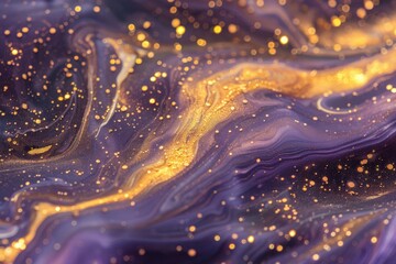 Abstract Purple and Gold Swirling Liquid with Glitter