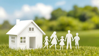 Famille en papier découpé avec maison sur fond d'herbe verte