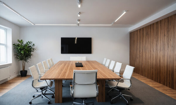 A modern conference room with a large wooden table and white chairs is ready for a meeting