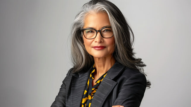 Retrato de mujer madura con gafas y expresi&oacute;n segura