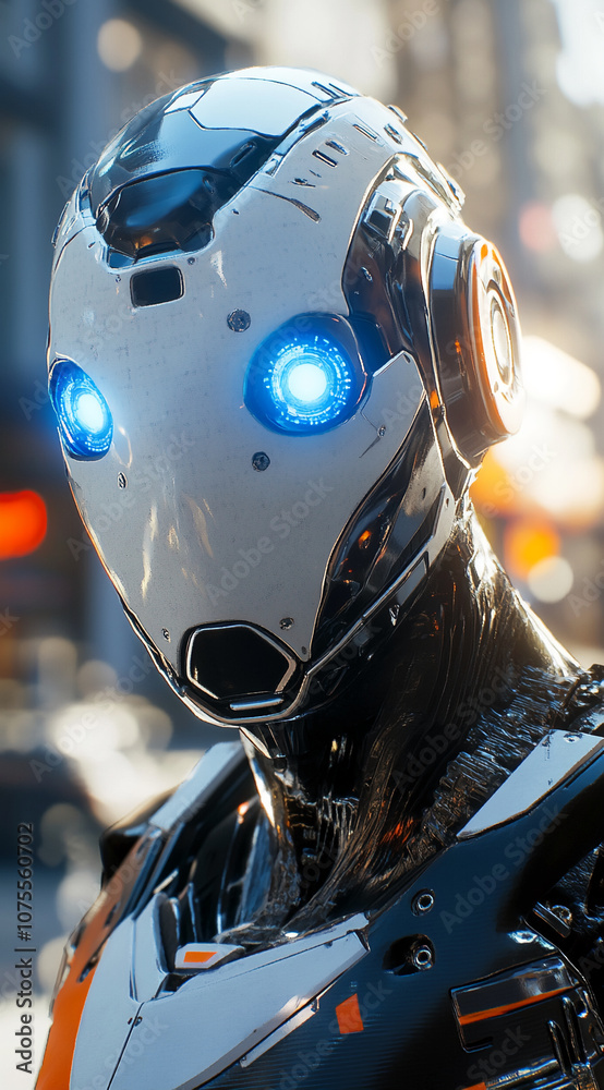 Poster a futuristic robot with blue glowing eyes stares into the distance in a city setting. the robot's de