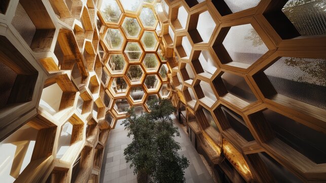 The office building looked like a giant honeycomb, designed in a modern industrial style. This photo was taken from a unique angle, looking up from the ground.
