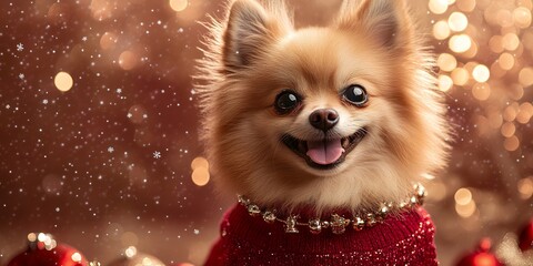 Obraz premium A Cheerful Pomeranian Dog Dressed in a Red Sweater With Festive Decorations, Smiling Joyfully Against a Sparkling Holiday Backdrop Filled With Ornaments and Lights