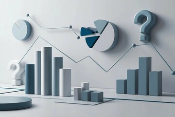 An image featuring bar graphs, pie charts, line graphs, and 3D question mark icons, subtly blending data analysis elements with a sense of inquiry and exploration.