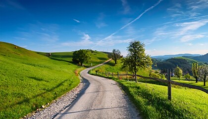 Fototapeta premium A narrow rural road winds through grassy hills and scattered trees under a blue sky in the _1(445)