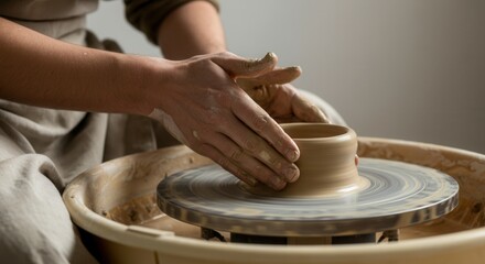 Potter shaping clay on pottery wheel in workshop