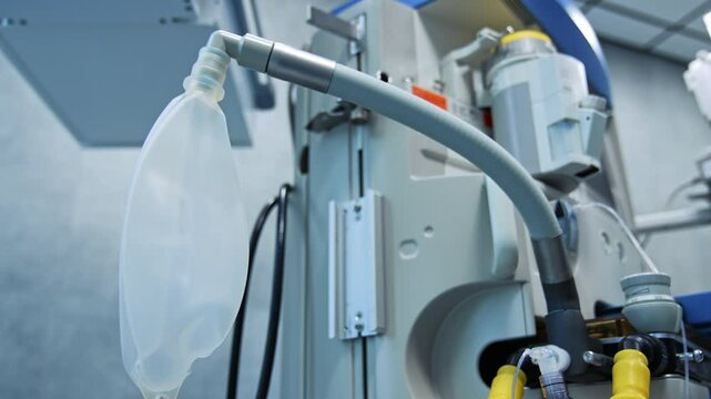 Ambu bag hanging on the artificial lung ventilating machine. Low angle view on the modern medical equipment.
