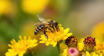 Close-up of honeybee pollinating vibrant yellow flowers in nature